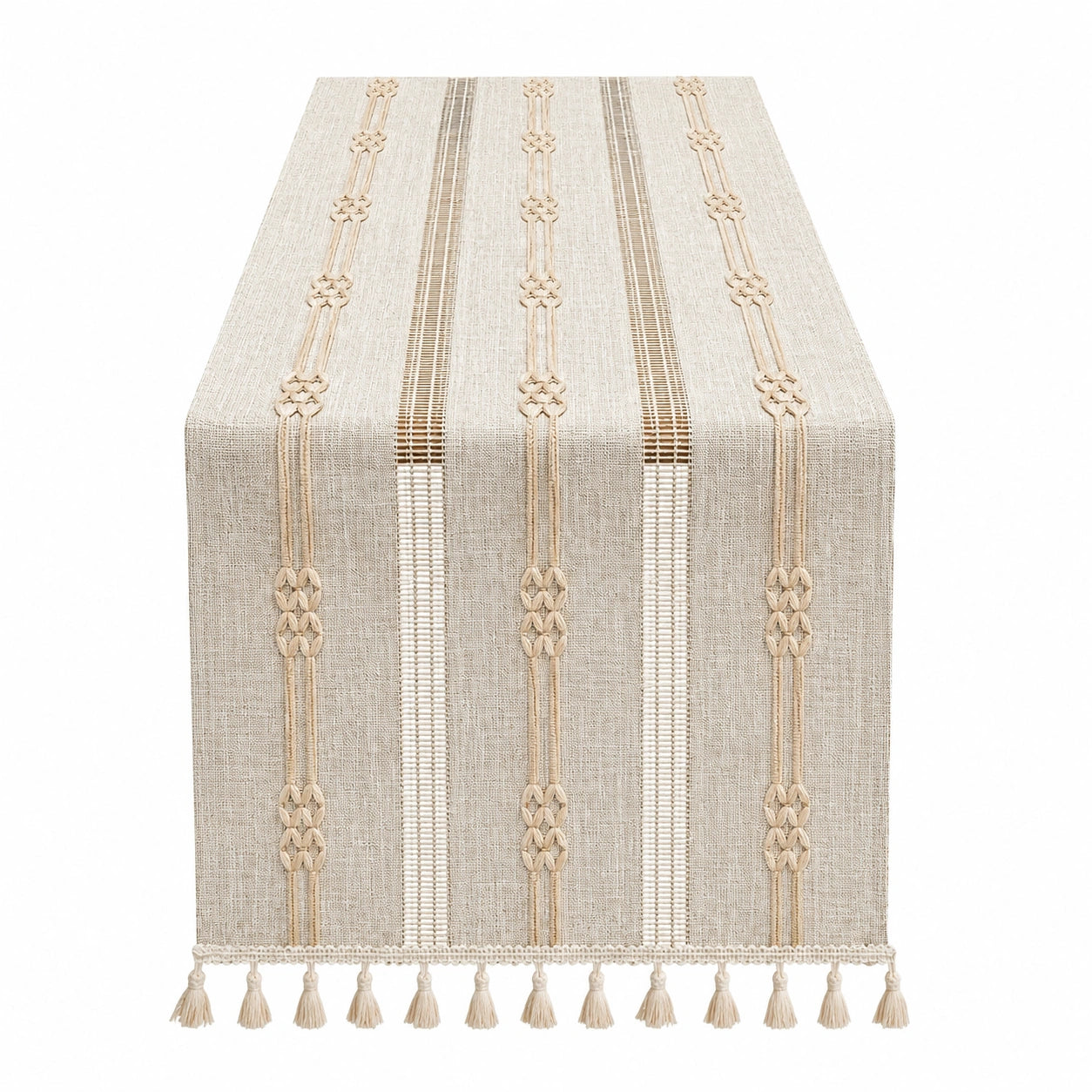 Chemin de Table Beige avec Motifs Linéaires et Franges