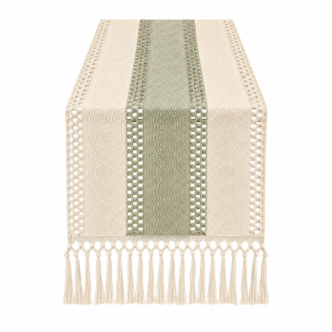 Chemin de Table Beige et Vert avec Franges Élégantes