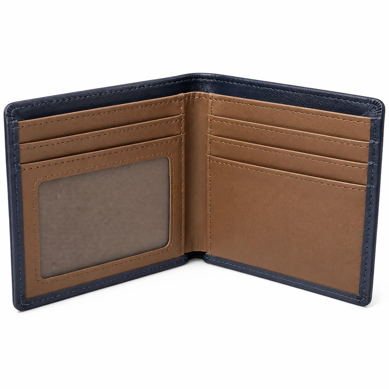 Portefeuille bifold marron et bleu avec emplacements pour cartes