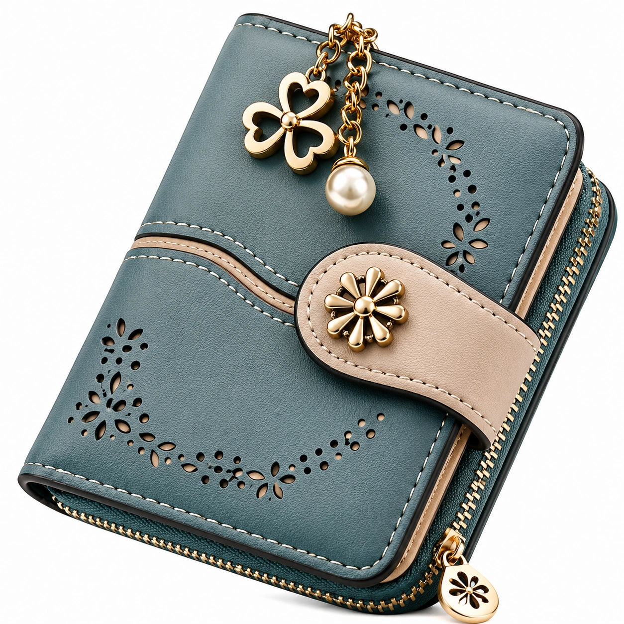 Portefeuille bleu élégant avec détails floraux et pendentif
