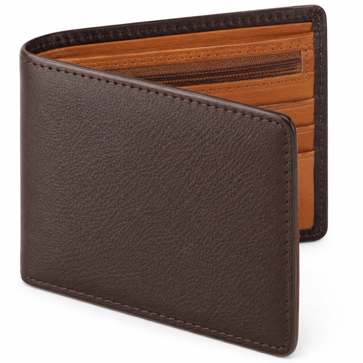 Portefeuille bifold marron avec compartiments et poche zippée