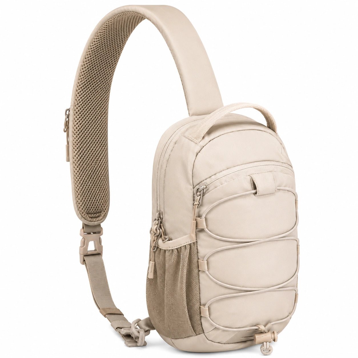 Sac à bandoulière beige avec poches latérales et sangle réglable