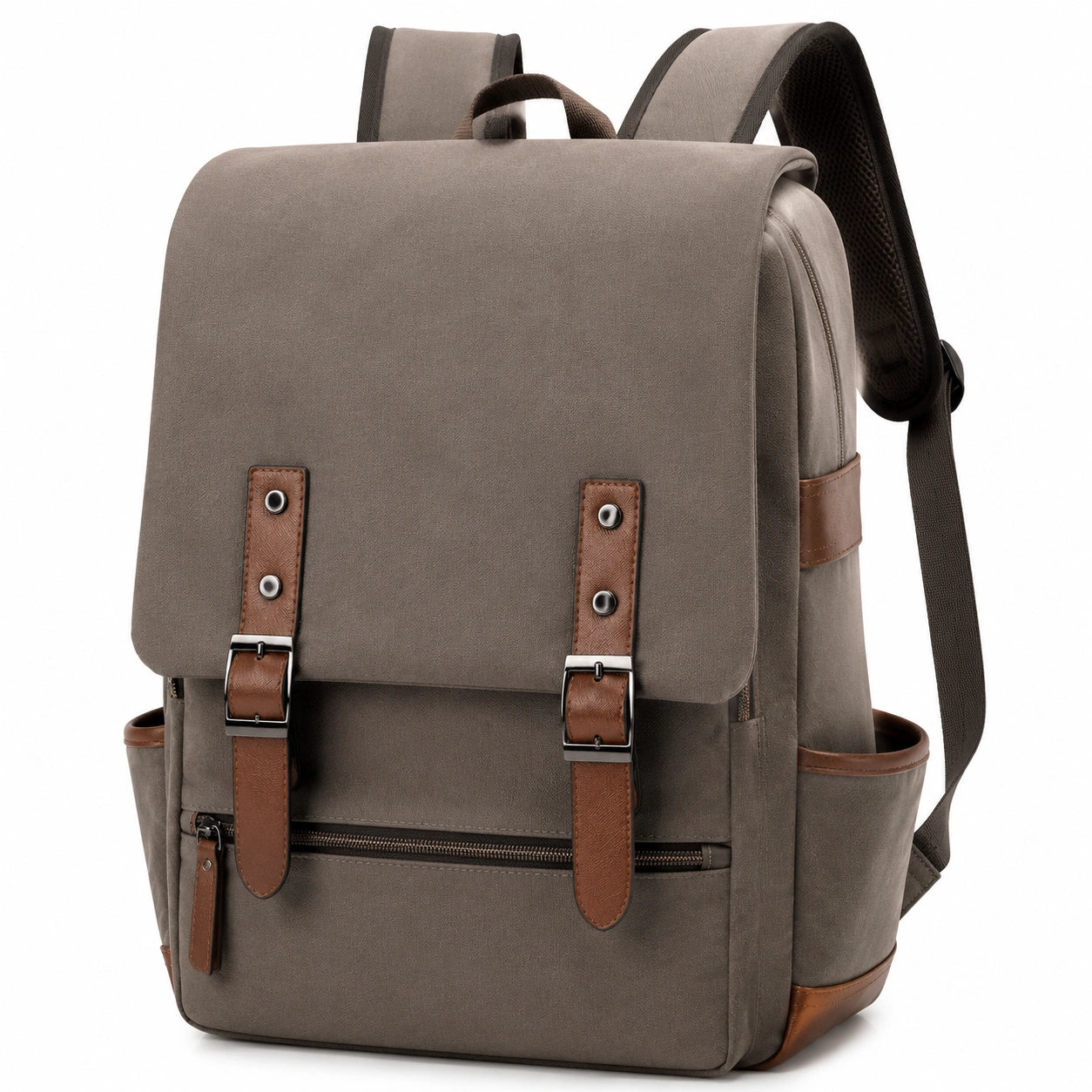 Sac à dos élégant en toile gris et brun avec poches multiples