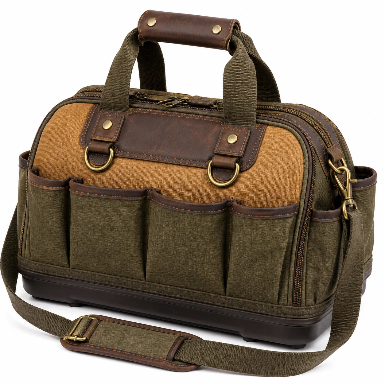 Sac à outils classique marron et olive avec poches multiples