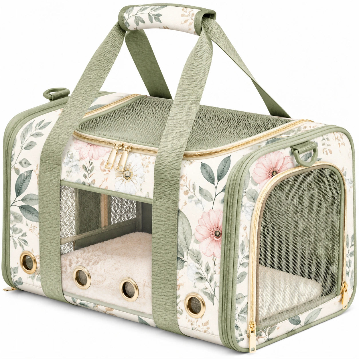 Transporteur pour animaux de compagnie motif floral vert et beige