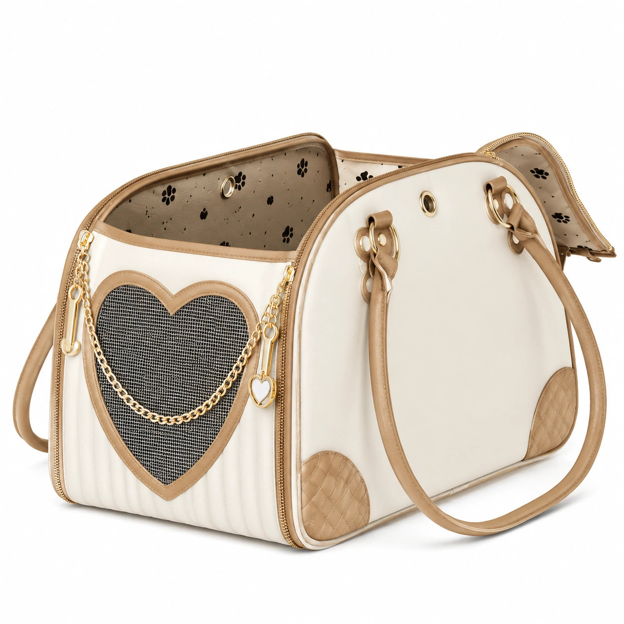 Sac de transport pour animaux avec cœur décoratif en blanc et beige